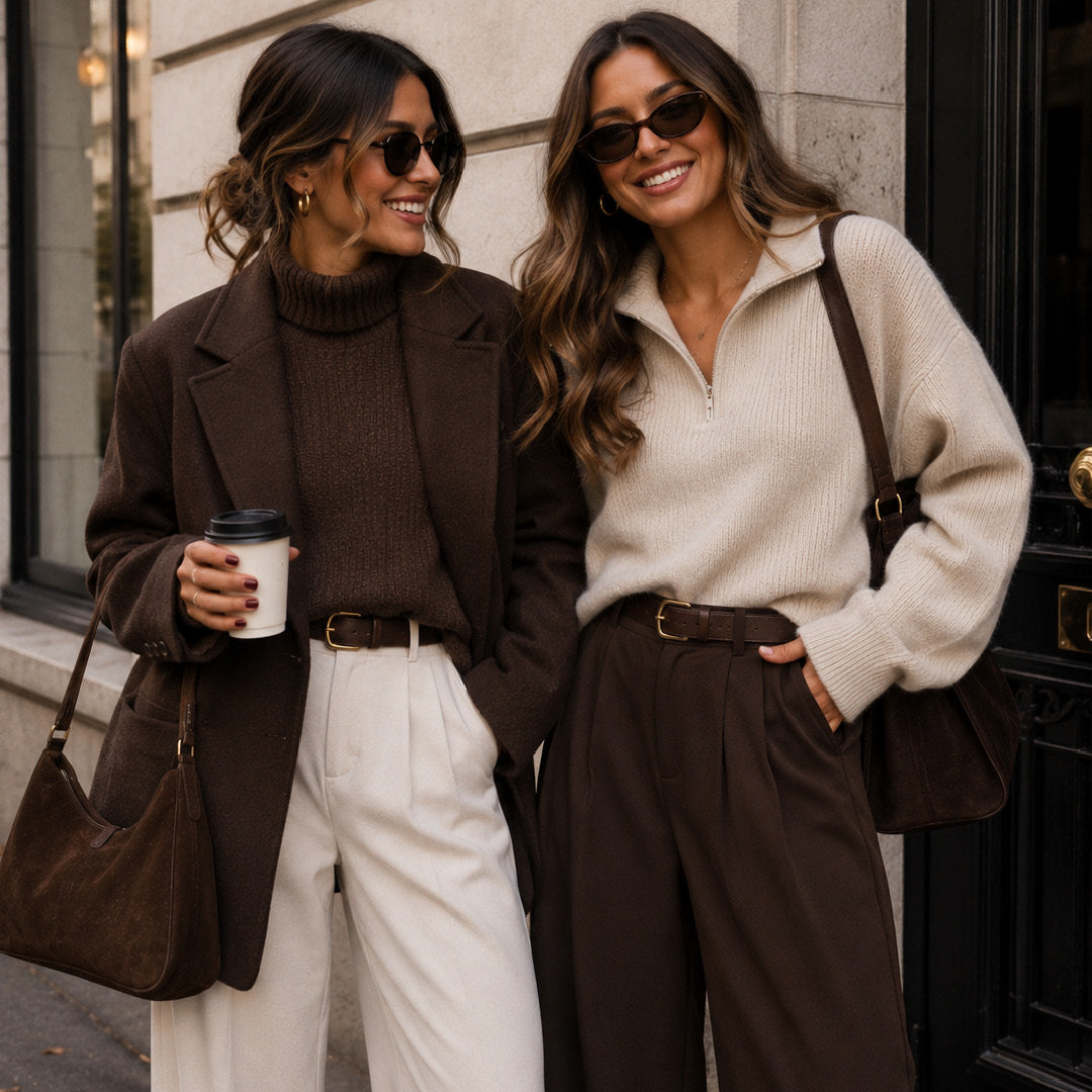 2 women smiling in fall sweaters