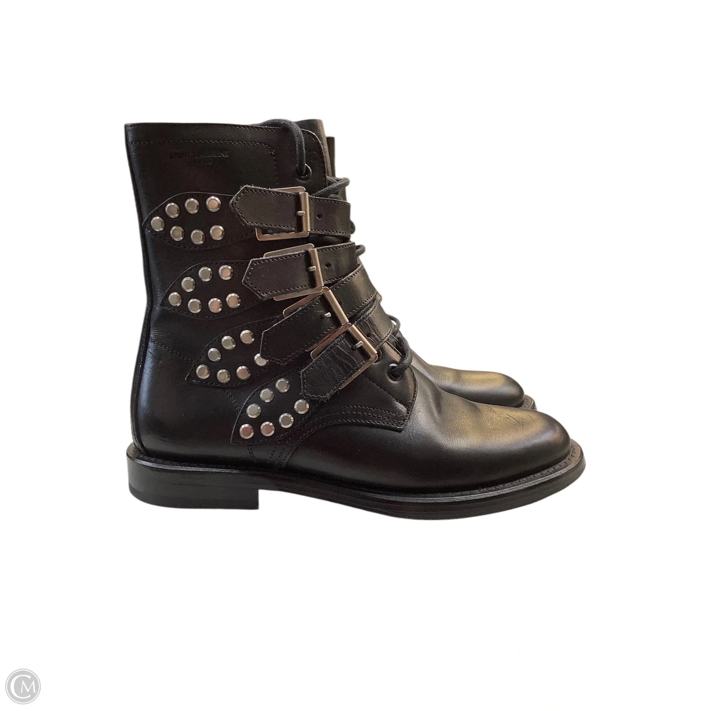 Boots Luxury Designer By Yves Saint Laurent In Black & Silver, Size: 7.5(38)
